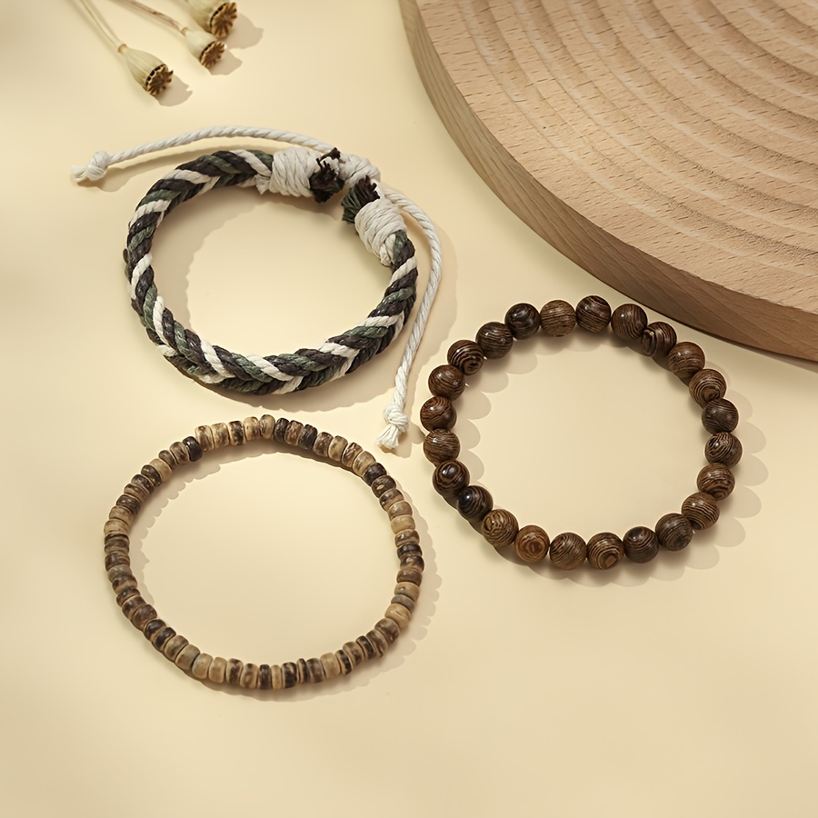 3pc Vintage Braided Rope Bracelet Set for Men, Black Wooden Beads